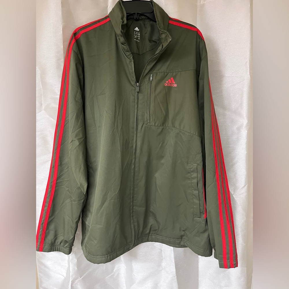 Adidas Men's Olive Windbreaker with Red Stripes